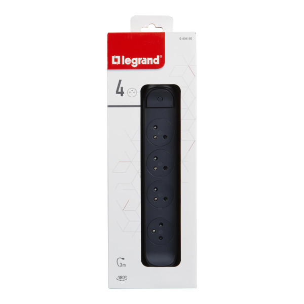 Legrand - Rallonge multiprise rotatif avec 4 prises de courant Surface et interrupteur avec cordon 3m - noir et gris foncé